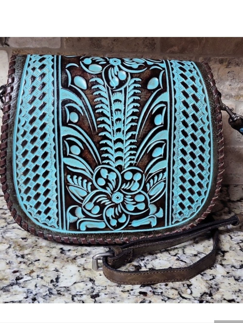 Patricia Nash Tooled Turquoise Crossbody Saddle Bag